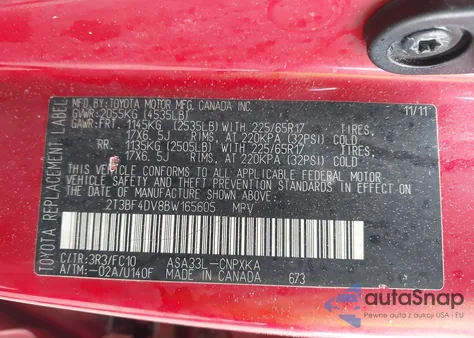 2011 Toyota Rav4 from USA, damaged, VIN 2T3BF4DV8BW165605